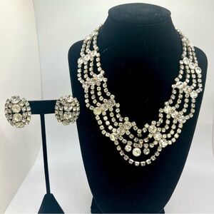 Vintage Multi Strand Rhinestone Necklace Earrings Set | Silver Tone | Statement